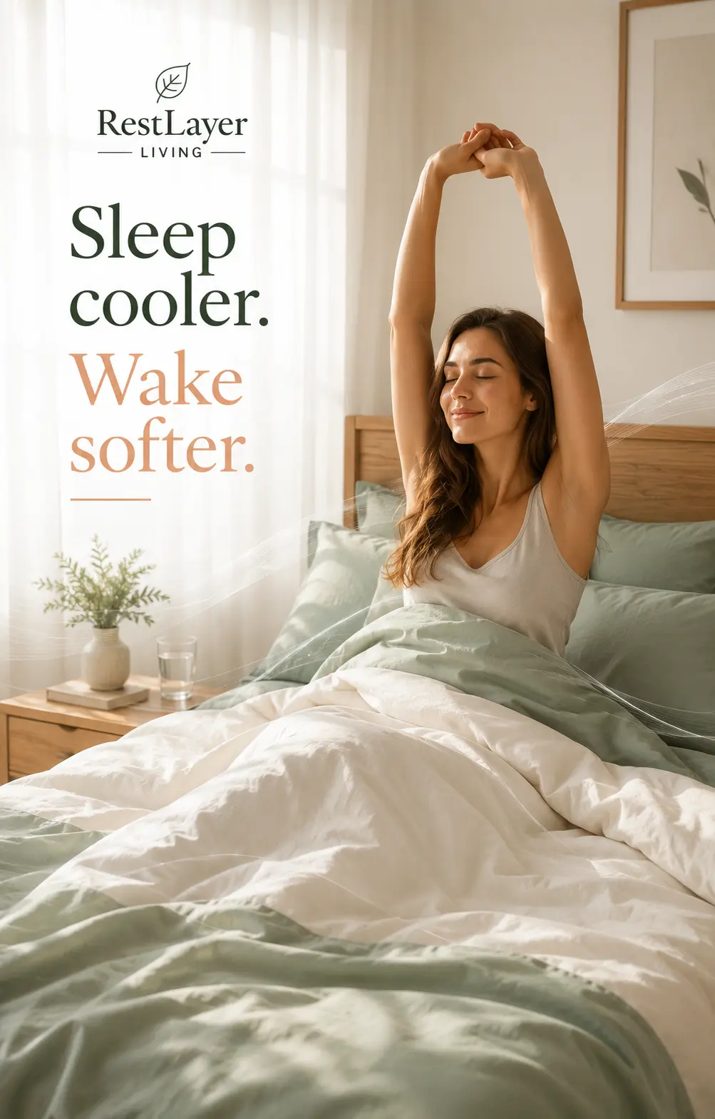 Bright bedroom scene with soft sage bedding and cooling comfort mood