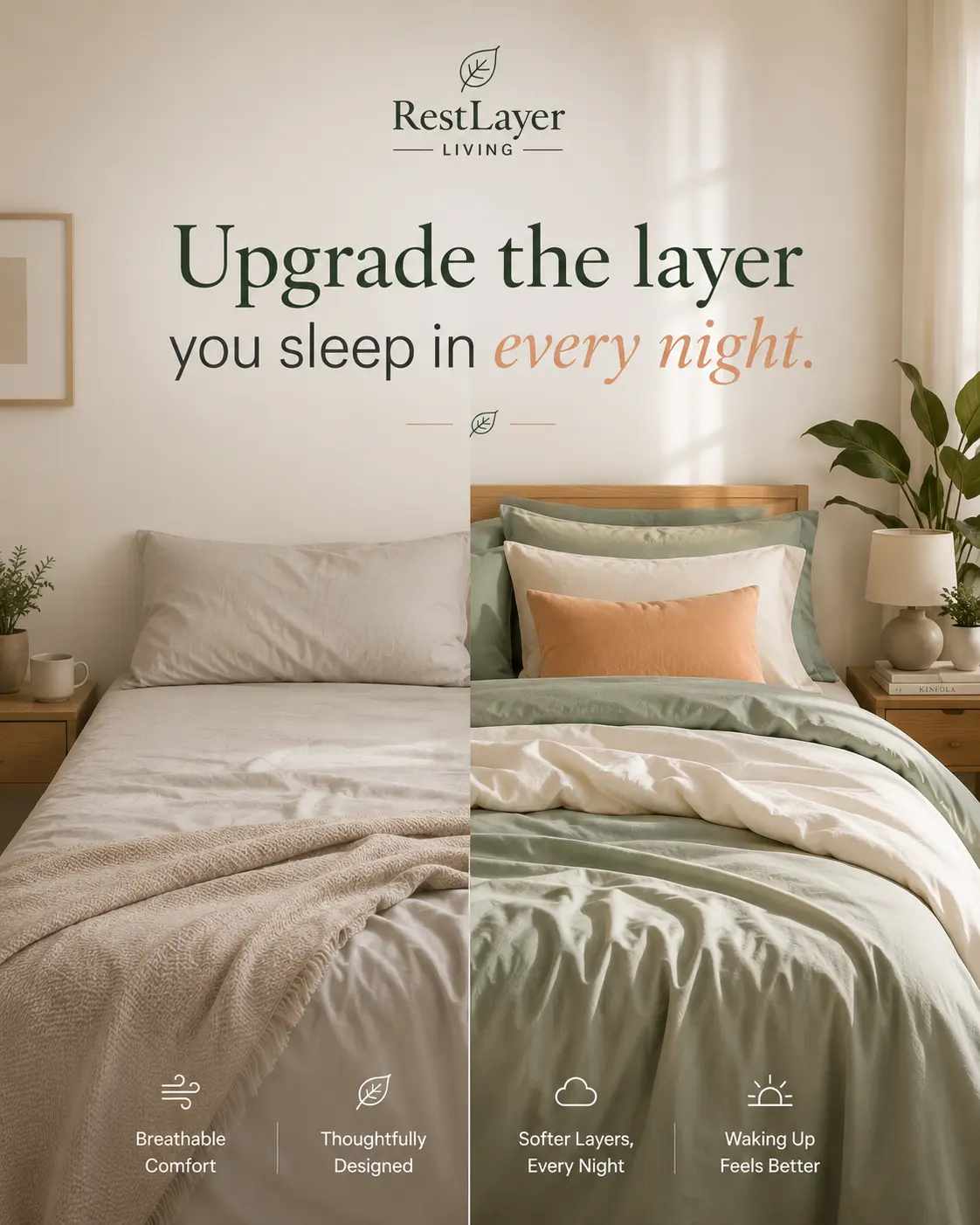 Subtle bedroom bedding upgrade with soft sage sheets and ivory duvet