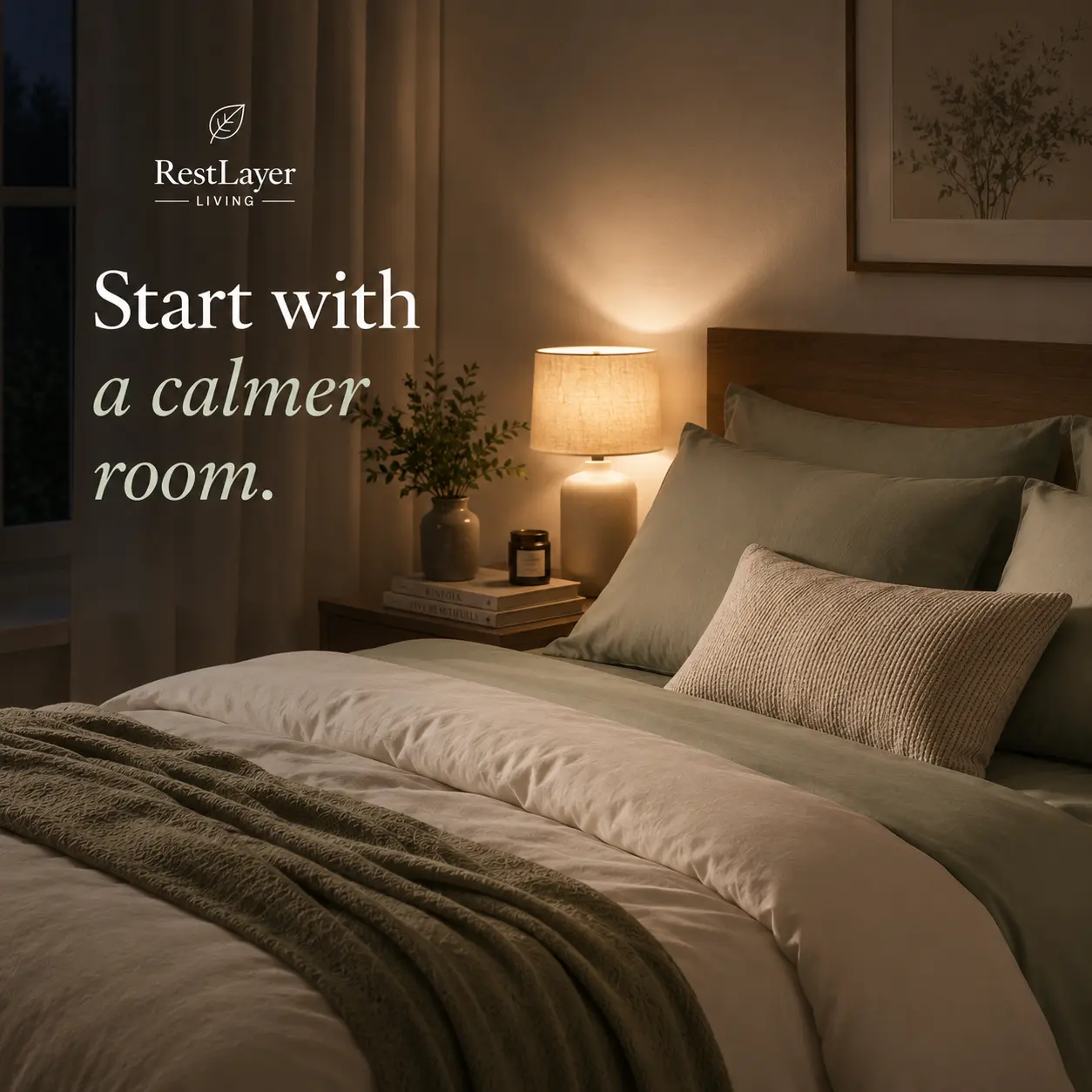 Calm evening bedroom with warm lighting and sage bedding