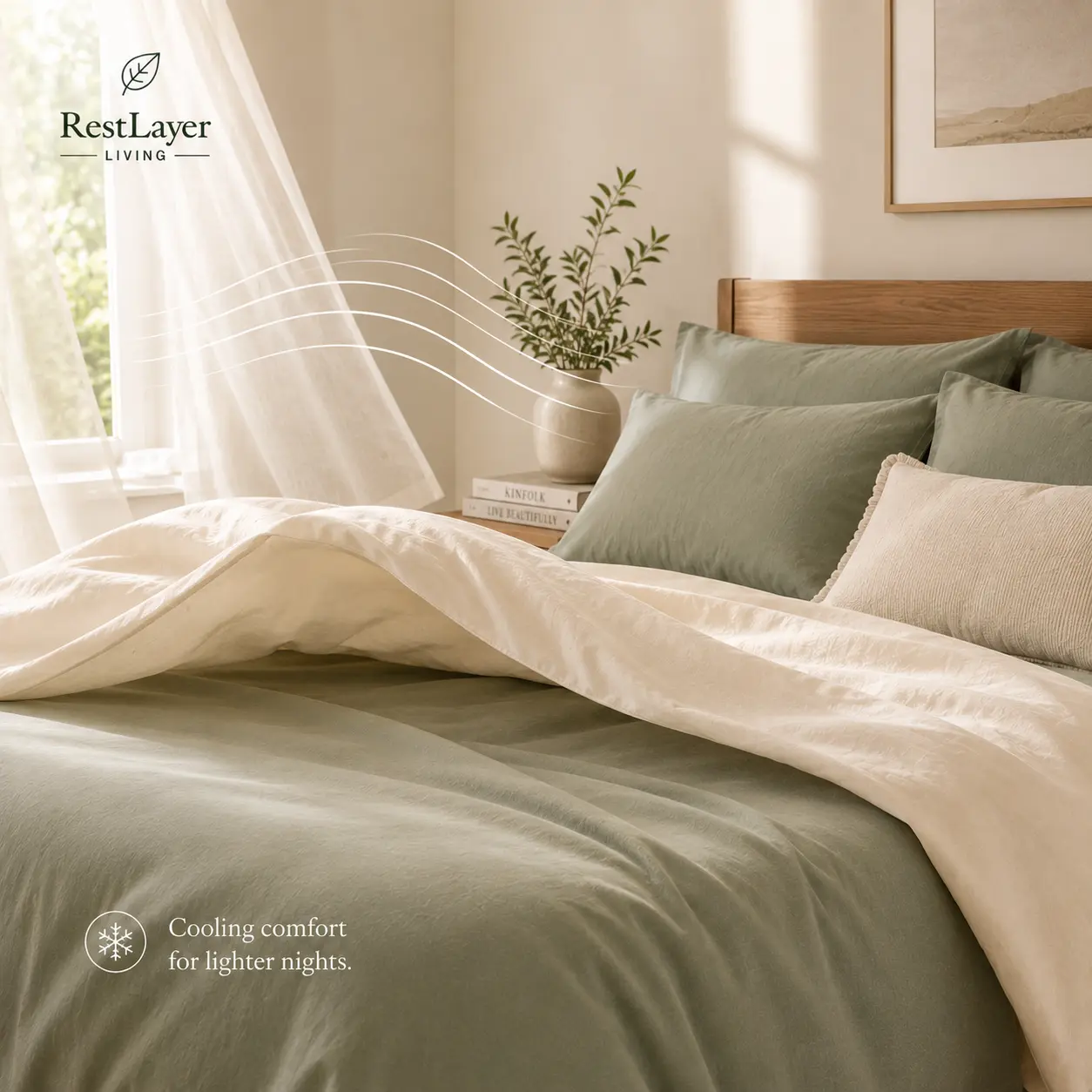 Airy bedding with ivory duvet and sage sheets in a clean bedroom